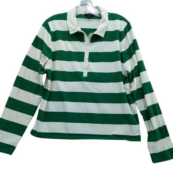 J.Crew Striped Broken In Jersey Rugby Shirt Green White Cotton Top XL - Picture 1 of 10